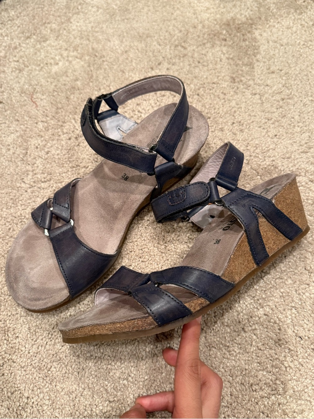 Mephisto Navy Leather Slingback Wedge Sandals